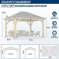 11FT X 13FT Outdoor Spruce Wood Gazebo | Patio Wooden Frame Gazebo with Galvanized Steel Roof, Heavy-Duty Hardtop Gazebos for Garden, Poolside, Deck, Backyard