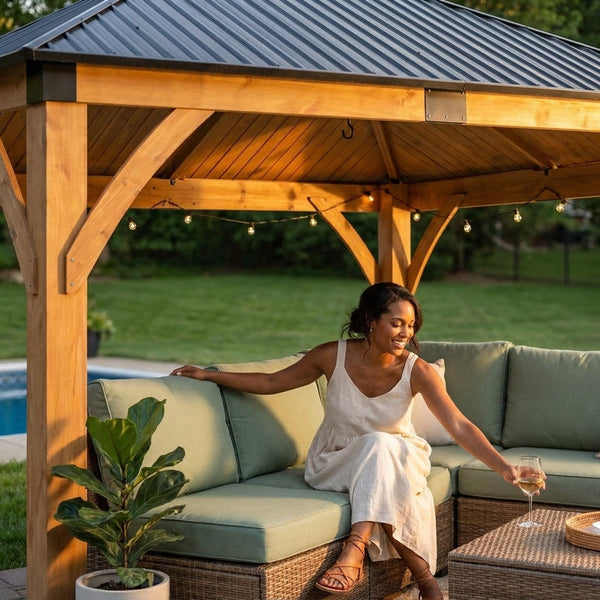 Outdoor Wood Gazebo Built to Last Decades, 11x13 Spruce Frame, Galvanized Steel Roof, FSC Certified