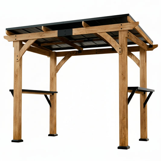 Modern Shade Wood Grill Gazebo 6X8 with USB Charging Power Strip & Shelves | Cedar Wood Gazebo with Galvanized Steel Roof and Paper Towel Holder, Bar Gazebo with Hooks, BBQ Gazebo for Outdoor Grill