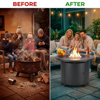 30 In. round Propane Fire Pit Table 50,000 BTU Gray Outdoor Fire Table with Lid, Rocks and Cover-Backyard Fire Pit — Before & After