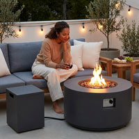 30 In. round Propane Fire Pit Table 50,000 BTU Gray Outdoor Fire Table with Lid, Rocks and Cover-Backyard Fire Pit — Lifestyle