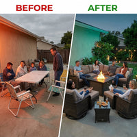 9-Piece Outdoor Patio Furniture Set with Fire Pit Table,Swivel Chairs and 6" Thick Cushions,Sectional Sofa and Ottomans,Patio Conversation Set for Porch Deck Garden Backyard — Before & After