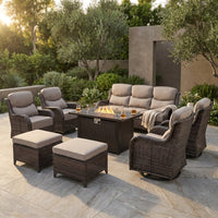 9-Piece Outdoor Patio Furniture Set with Fire Pit Table,Swivel Chairs and 6" Thick Cushions,Sectional Sofa and Ottomans,Patio Conversation Set for Porch Deck Garden Backyard — Studio Shot