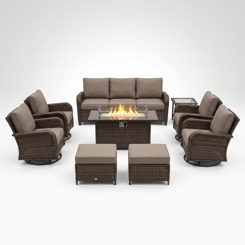 9-Piece Outdoor Patio Furniture Set with Fire Pit Table,Swivel Chairs and 6" Thick Cushions,Sectional Sofa and Ottomans,Patio Conversation Set for Porch Deck Garden Backyard — Studio Shot