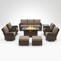 9-Piece Outdoor Patio Furniture Set with Fire Pit Table,Swivel Chairs and 6" Thick Cushions,Sectional Sofa and Ottomans,Patio Conversation Set for Porch Deck Garden Backyard — Studio Shot