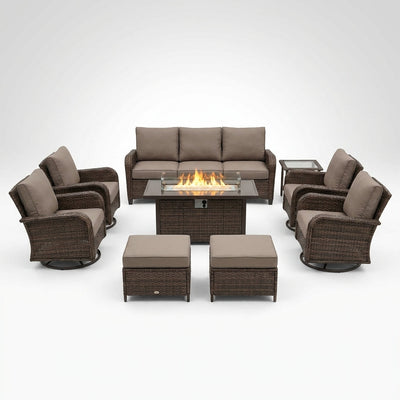 Outdoor Patio Furniture Set Built for All-Season Gatherings, Fire Pit Table, Swivel Chairs, 6-Inch Cushions