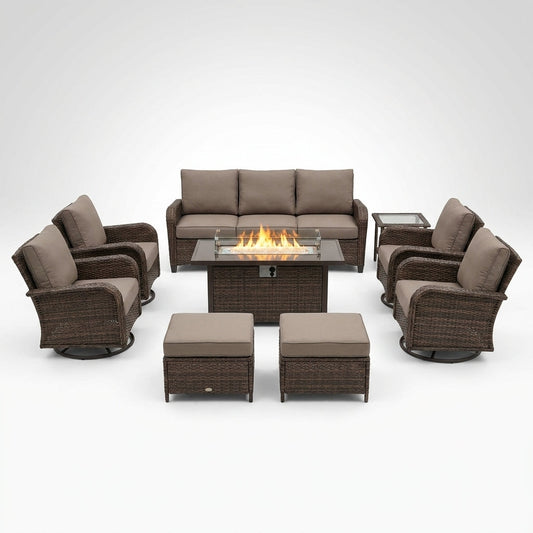 9-Piece Outdoor Patio Furniture Set with Fire Pit Table,Swivel Chairs and 6" Thick Cushions,Sectional Sofa and Ottomans,Patio Conversation Set for Porch Deck Garden Backyard — Studio Shot