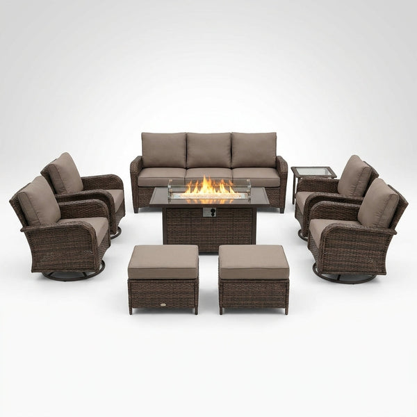 9-Piece Outdoor Patio Furniture Set with Fire Pit Table,Swivel Chairs and 6" Thick Cushions,Sectional Sofa and Ottomans,Patio Conversation Set for Porch Deck Garden Backyard — Studio Shot