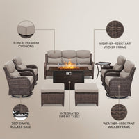 9-Piece Outdoor Patio Furniture Set with Fire Pit Table,Swivel Chairs and 6" Thick Cushions,Sectional Sofa and Ottomans,Patio Conversation Set for Porch Deck Garden Backyard — infographic