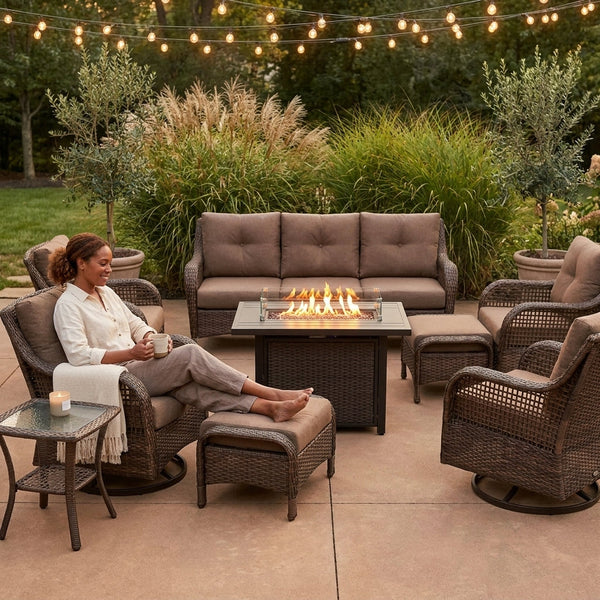 Outdoor Patio Furniture Set Built for All-Season Gatherings, Fire Pit Table, Swivel Chairs, 6-Inch Cushions