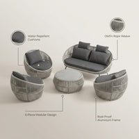 Aluminum Patio Furniture Set Built for Modern Outdoor Living, 6-Piece Sectional, Olefin Rope Weave, Water Repellent — infographic