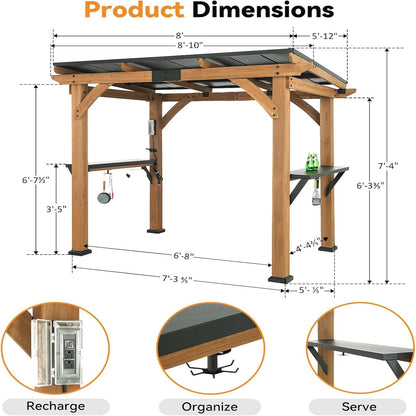 Modern Shade Wood Grill Gazebo 6X8 with USB Charging Power Strip & Shelves | Cedar Wood Gazebo with Galvanized Steel Roof and Paper Towel Holder, Bar Gazebo with Hooks, BBQ Gazebo for Outdoor Grill